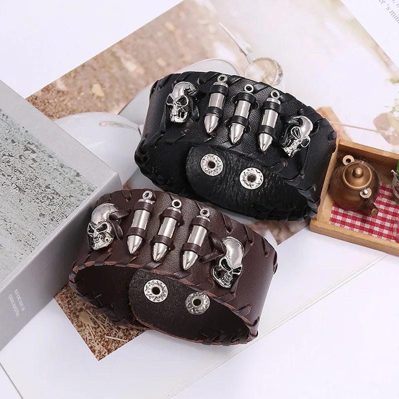 Punk Rock Metal Rivet and Skull Accessories Genuine Leather Cuff Bracelet