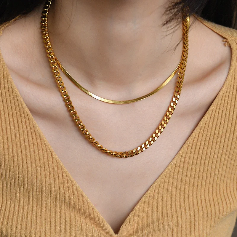 Stainless Steel Cuban Curb Link Choker Necklace Gold Tone Waterproof Anti-fade Solid Metal Vintage Punk Minimalist Daily Stackable Fine Jewelry Gift For Men Women