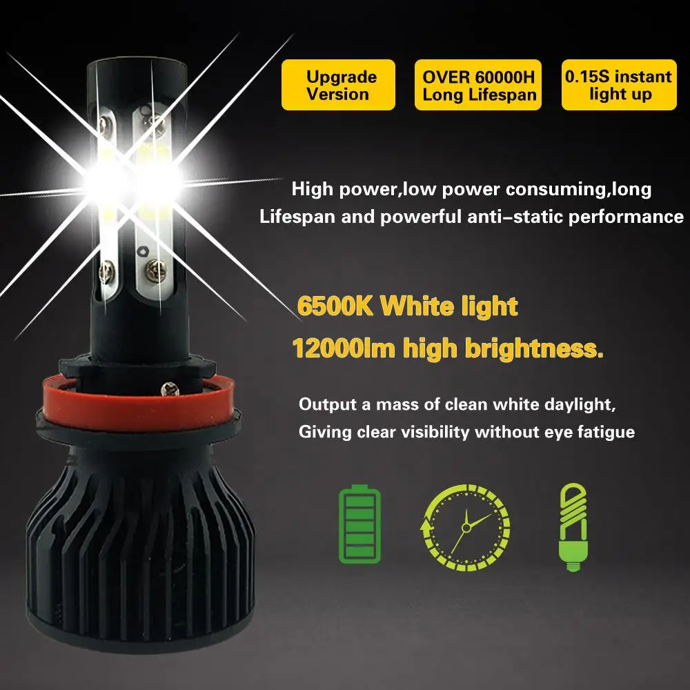 9012 자동 LED 헤드라이트, 흰색 자동차 조명, 16000Lm 50W H4 H8 H9 9004 9007 하이/로 빔 H1 H3 H7 9005/HB3 9006/HB4 H8H9H11, 12V, 2 개