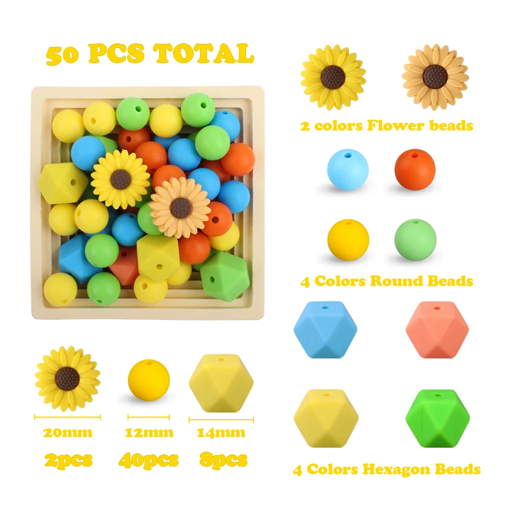 50Pcs/Set Flower Hexagon Round Silicone Beads Nuring Teething Beads Sets DIY Necklaces Bracelets Jewellery Accessories