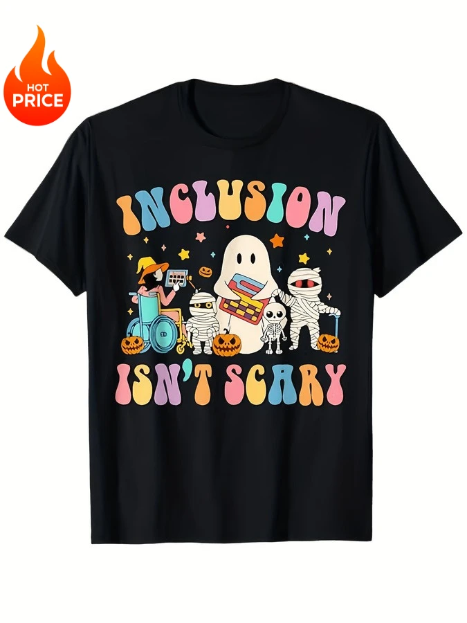 Inclusion Isnt Scary Halloween T Shirt Women Cute Groovy Ghost Graphic Tees SPED Teacher Appreciation Gift Plaid Pumpkin Mummy Printed Black Crew Neck Short Sleeve Top Holiday Outfits