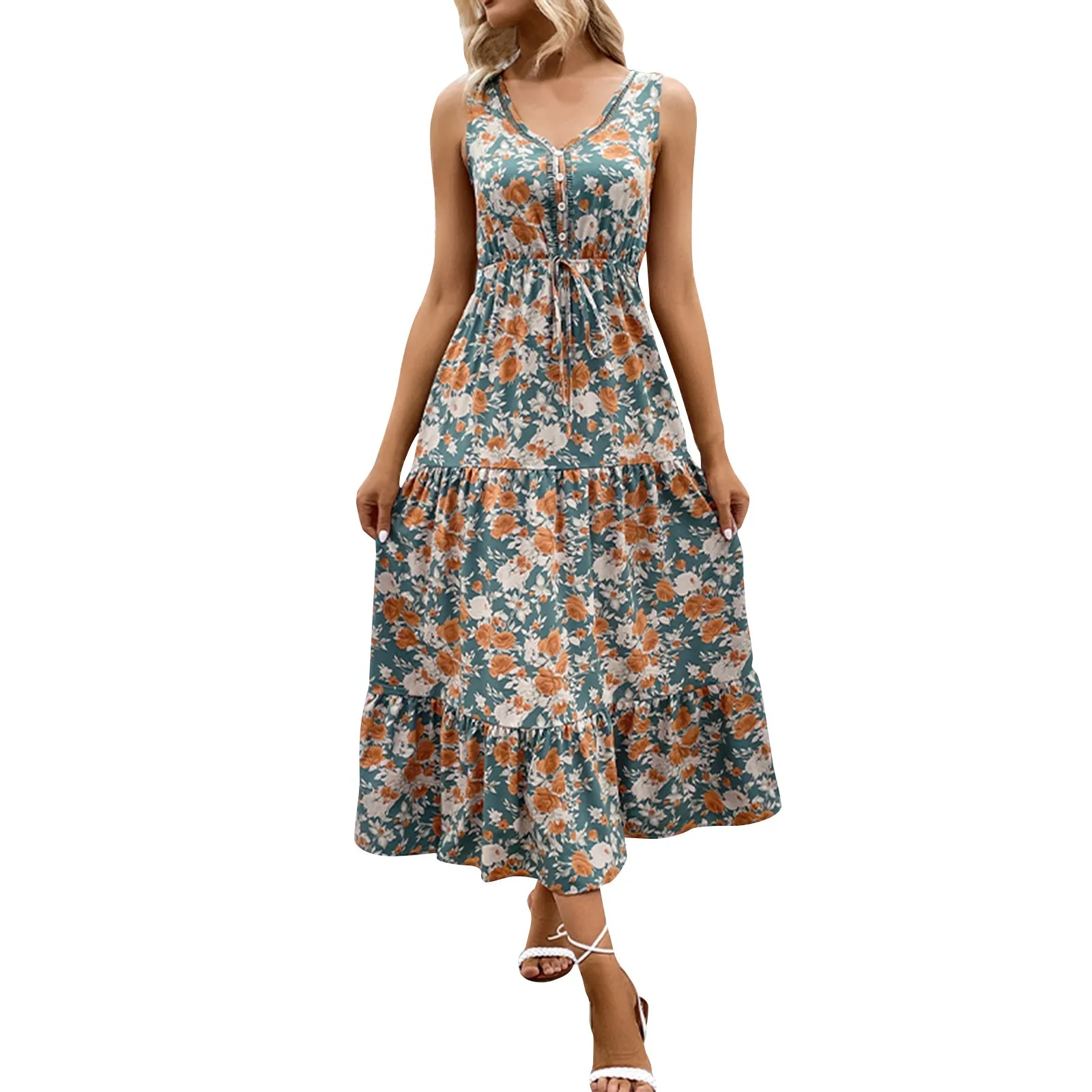 Verão novo vestido para mulheres sem mangas moda maxi vestido plissado em camadas com decote em v botão retalhos floral impresso vestido 2024