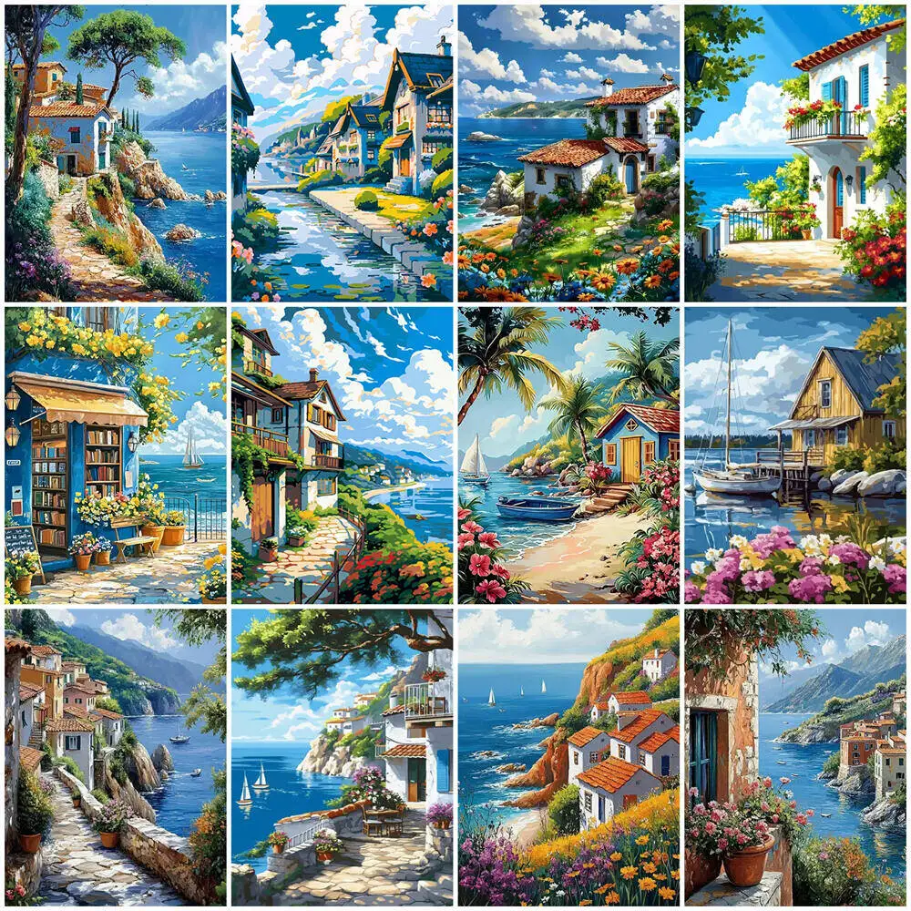 DIY Digitales Ölgemälde Landschaft Haus Meerufer Malen Nach Zahlen für Erwachsene Blumen Malen Nach Zahlen Stadt Leinwand-Sets Heimdekoration