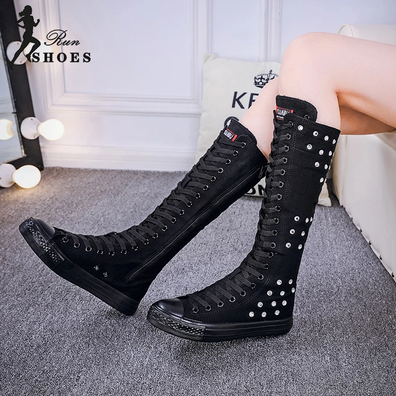 2023 Autumn Long Boot Bling Diamond Zip Canvas Women's Casual Sneaker Shoes High Top Round Toe Lace-up Cheerleaders Dance Shoes