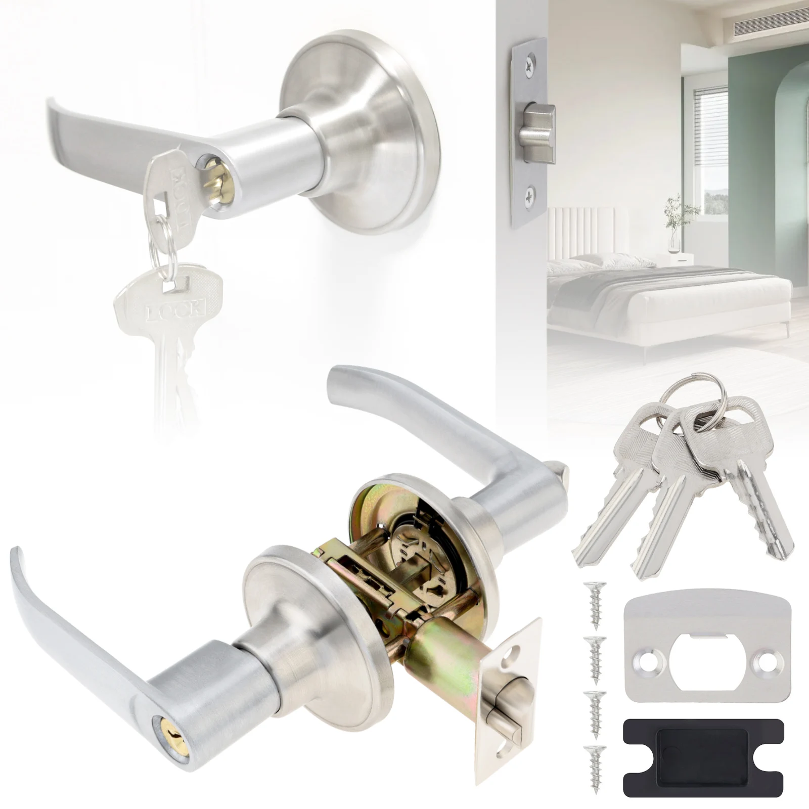 Door Handle Lock Aluminum Alloy Door Key Locks Room Hotel Anti Theft Safty Security Locker Latch for Thickness 45-65mm Door