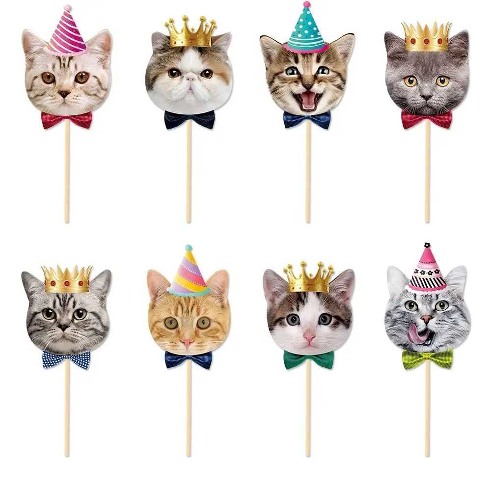 

8pcs Birthday Prop Cute Cat Face Insert Card Non Toxic DIY Cat Cupcake Toppers Disposable Single Side Cake Flag Kids