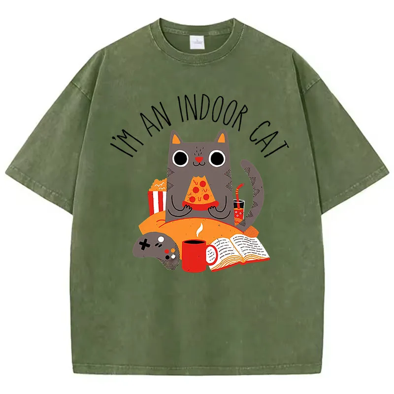 Funny I Am An Indoor Cat Book T Shirt Vintage Washed 100% Cotton T-Shirt Graphic Tee Casual Streetwear for Spring Summer Fall