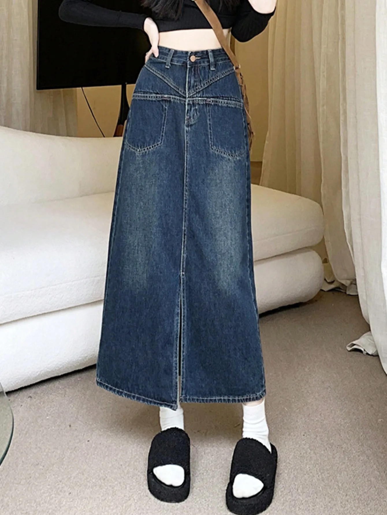 

Korean Chic Retro Washed Distressed Denim Skirt New Women's Autum High Waist Slim Slit Long Skirt