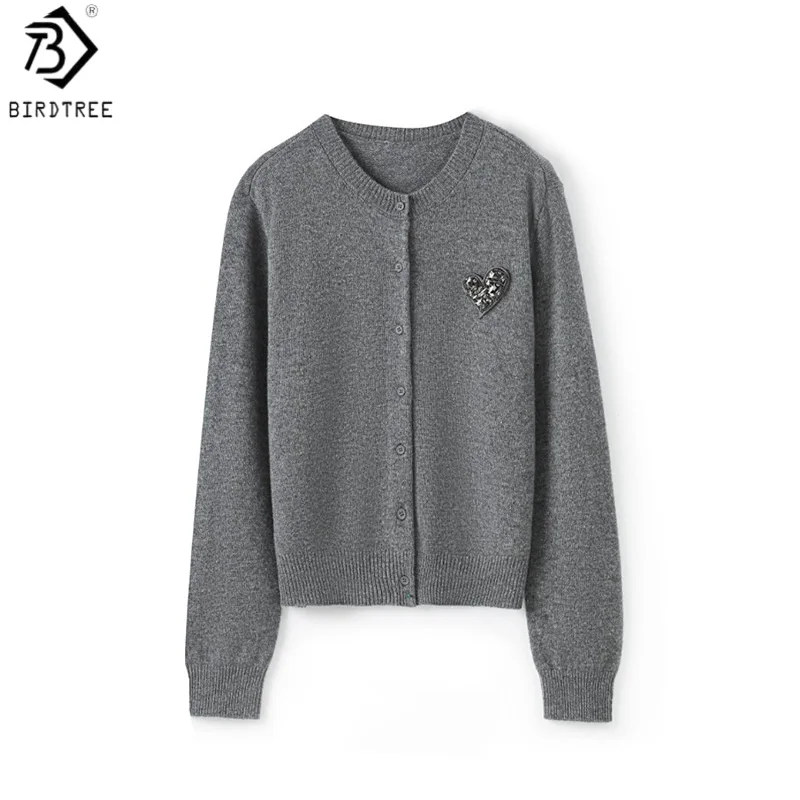 

Birdtree 100% Sheep Wool Knited Grey Cardigan,Woman Single Breasted Love Diamond Coat,Autumn O-neck Full Sleeve Sweater T59604JF