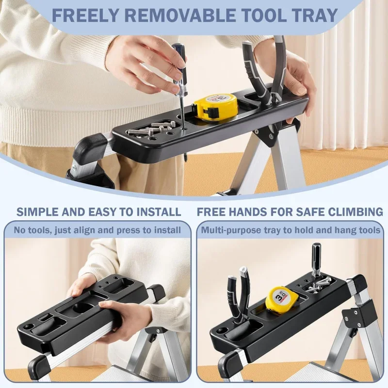 Retractable Handgrip Folding Step Stool with Anti-Slip Wide Pedal, Aluminum Stool Ladders 4 Steps, Safety Household Ladder