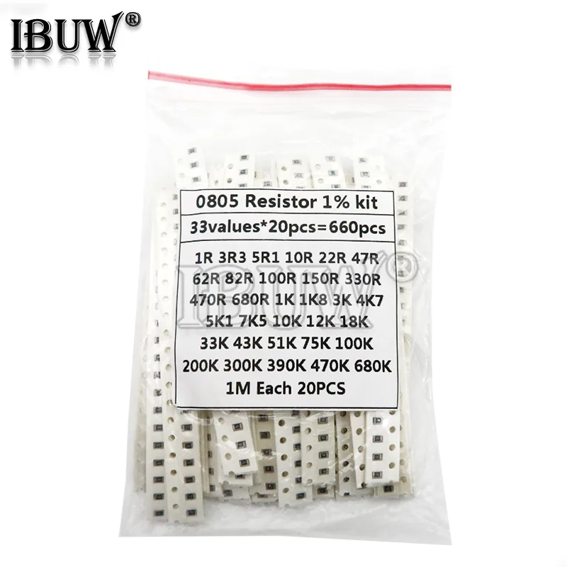 

33ValuesX 20pcs=660pcs Sample kit 0805 SMD Resistor Kit Assorted Kit 1ohm-1M ohm 1%