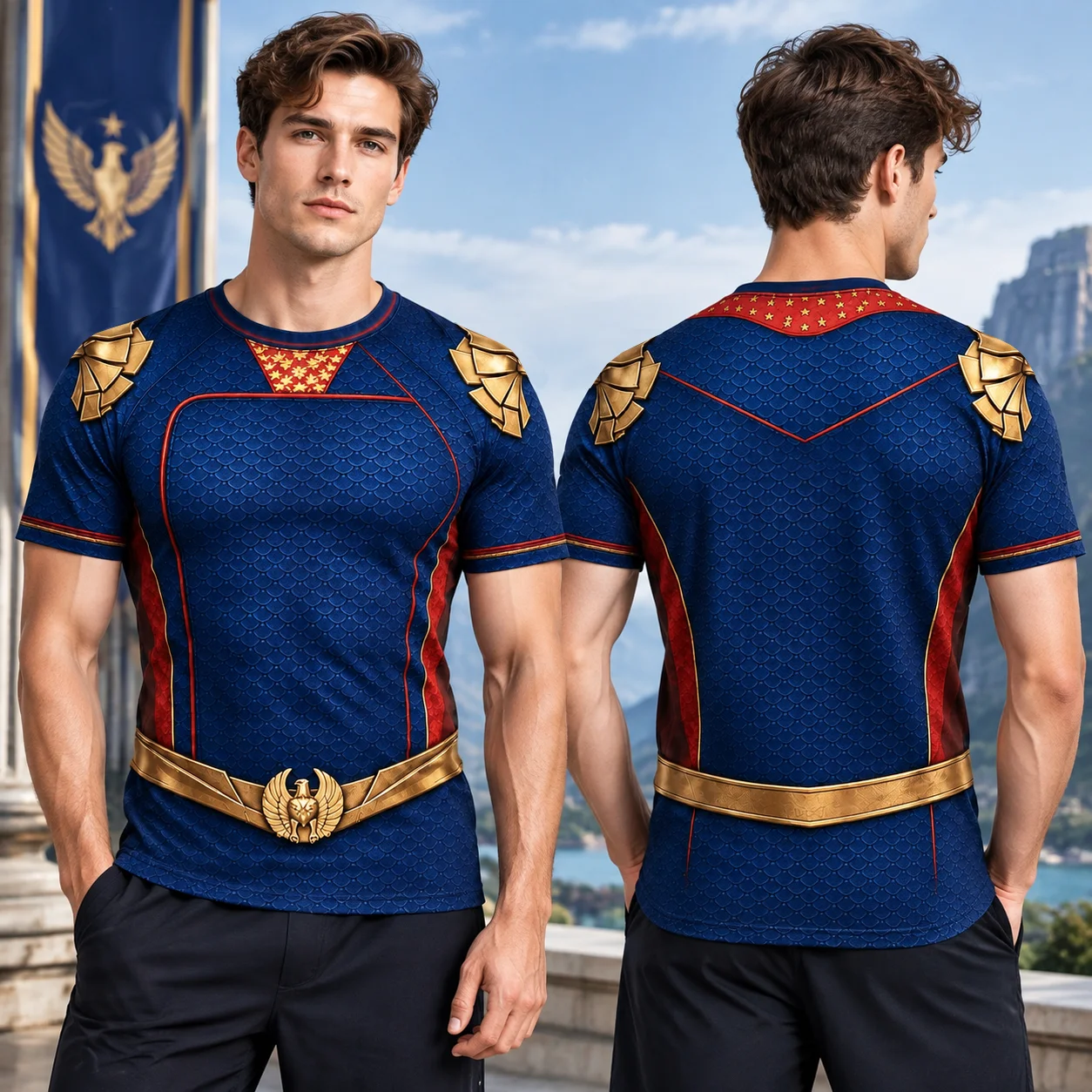 The Boys Homelander Inspired Cosplay T-shirt Blue Gold Superhero Costume Tee Shirt Summer Men's Women Kids Short Sleeved Top