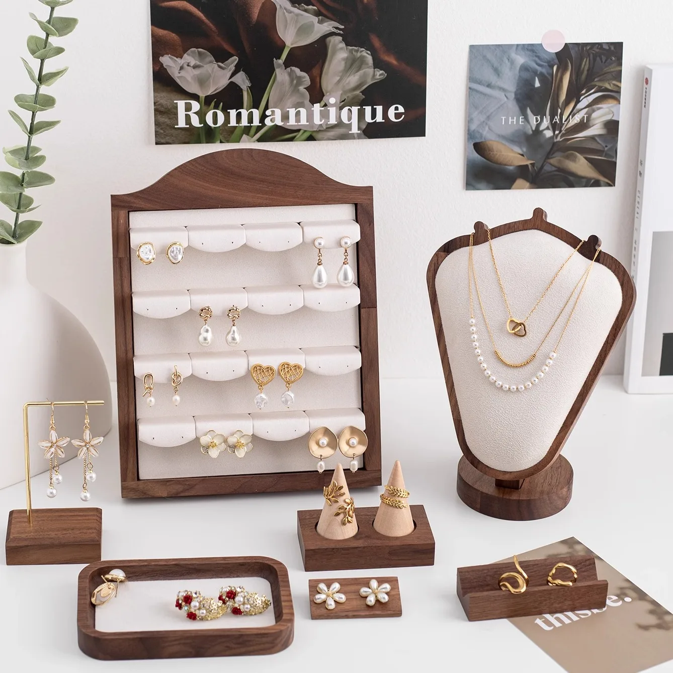 Luxury Walnut Wood Jewelry Display Stand - Multi-Level Earring & Necklace Holder Organizer, Modern Photo Prop for Boutique Showc