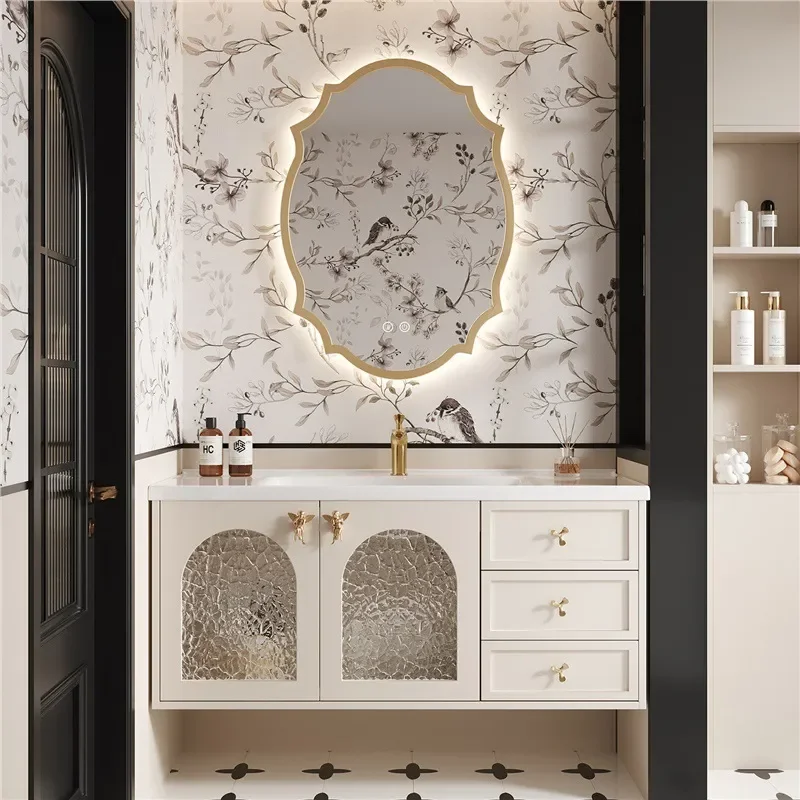 for French Light Luxury Oak Bathroom Cabinet with Ceramic Integrated Basin Washbasin Set Modern Vanity Unit Sink Combo