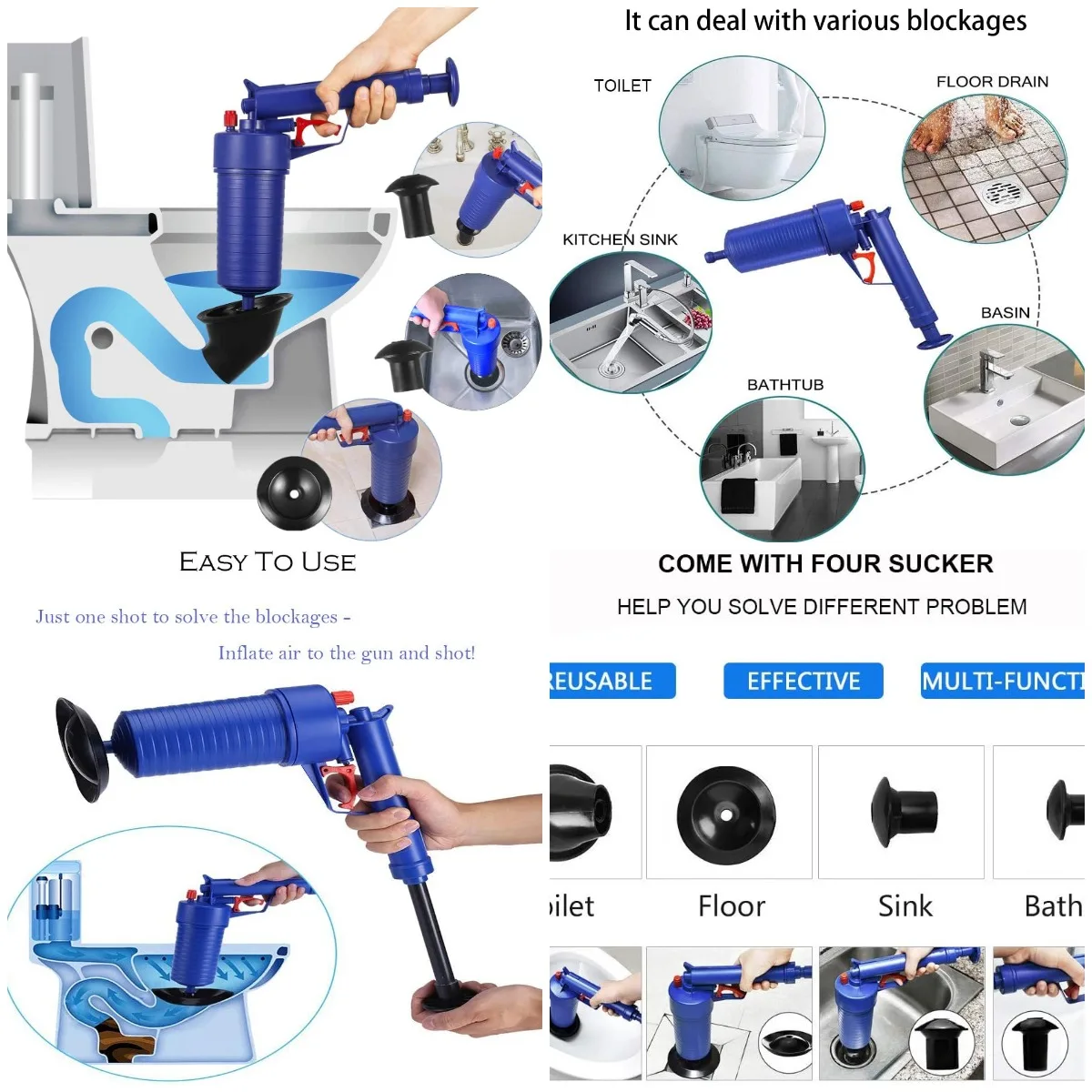 

Power Toilet Plunger Set - Drain Snake & Clog Remover for Sink, Bath, Shower, Kitchen