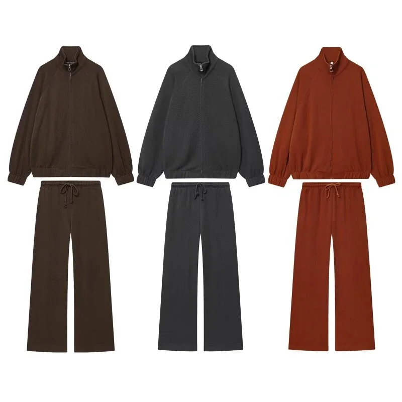 

Casual Women Sweatshirt Coat Solid Color Elastic Waist Pantsuit Set Simple Long Sleeves Tops Sports Long Pants Autumn Streetwear