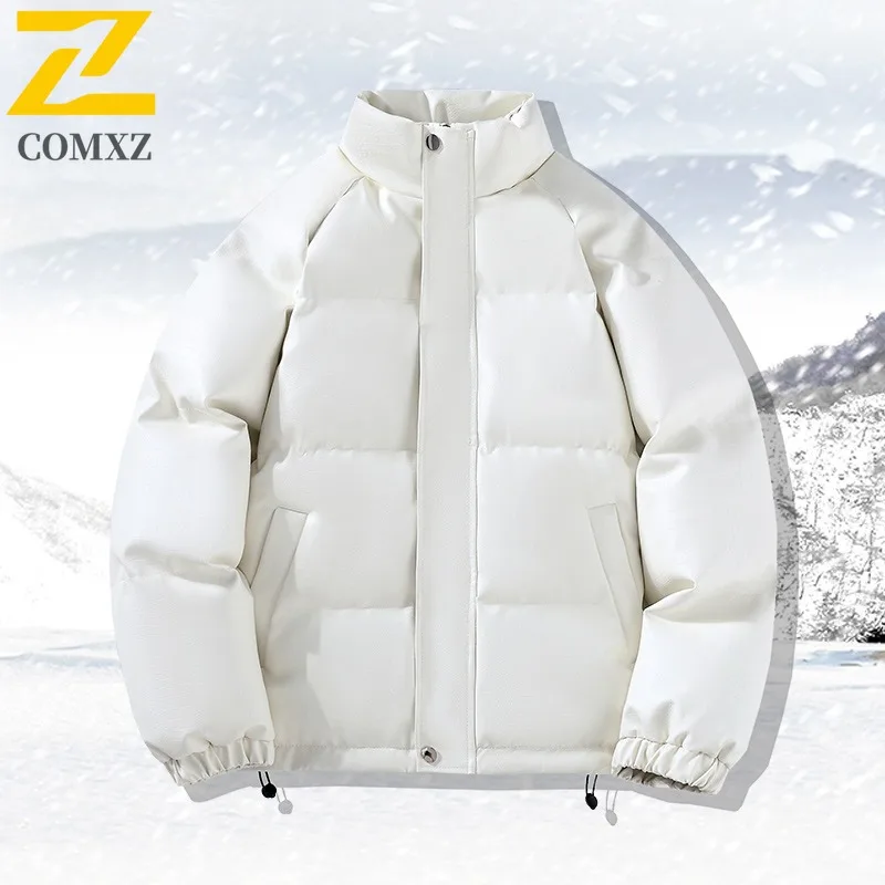 COMXZ 2025 Mens Womens Korean Thickened Fleece Winter Jacket PU Warm Tactics Waterproof and Windproof Outdoor Cold-proof Coat
