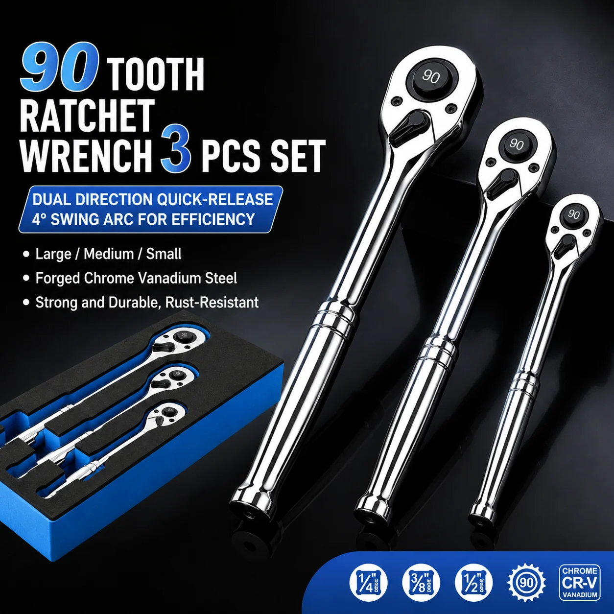 90 Tooth Precision Ratchet Wrench Set 1/4 3/8 1/2 Drive Quick Release Dual Direction Socket Ratchet Tool Kit for Auto Repair DIY