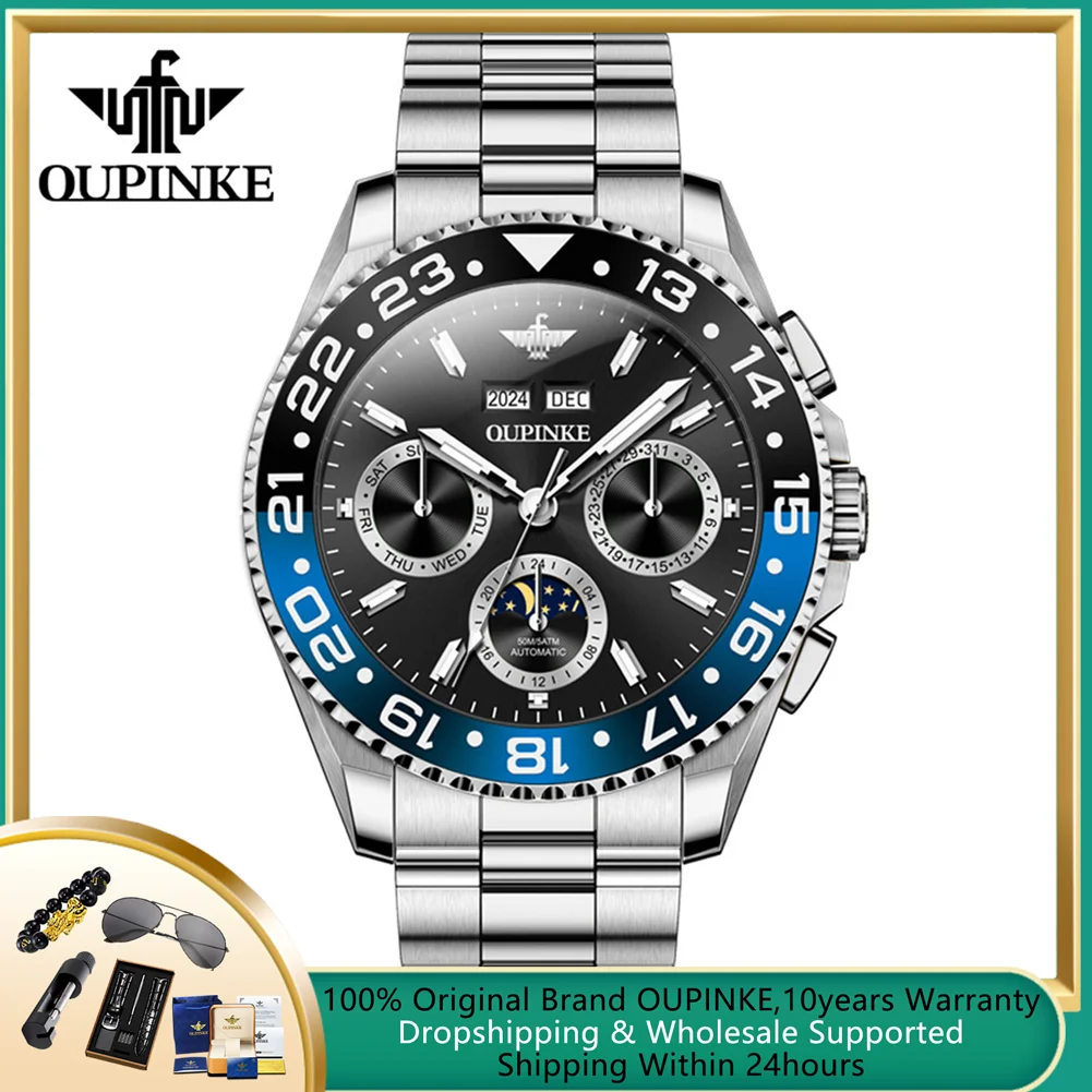 

OUPINKE Diving Series Man Watch Stainless Steel Waterproof Moon Phase Perpetual Calendar Luxury Fully Automatic Mechanical Watch