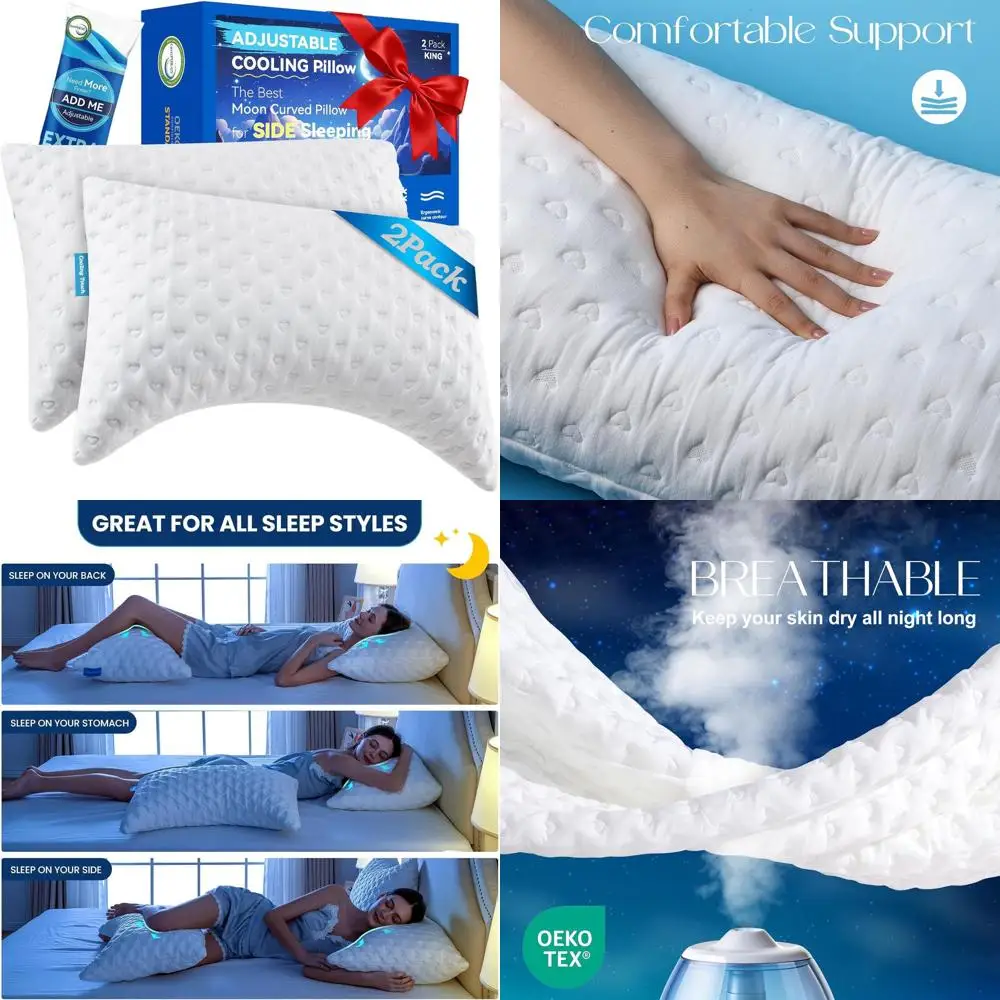 

Ergonomic Curved Memory Foam Pillows, Adjustable Support, Dual-Sided Cooling, Soft Cover, King Size 2-Pack, Ideal for Valentine'