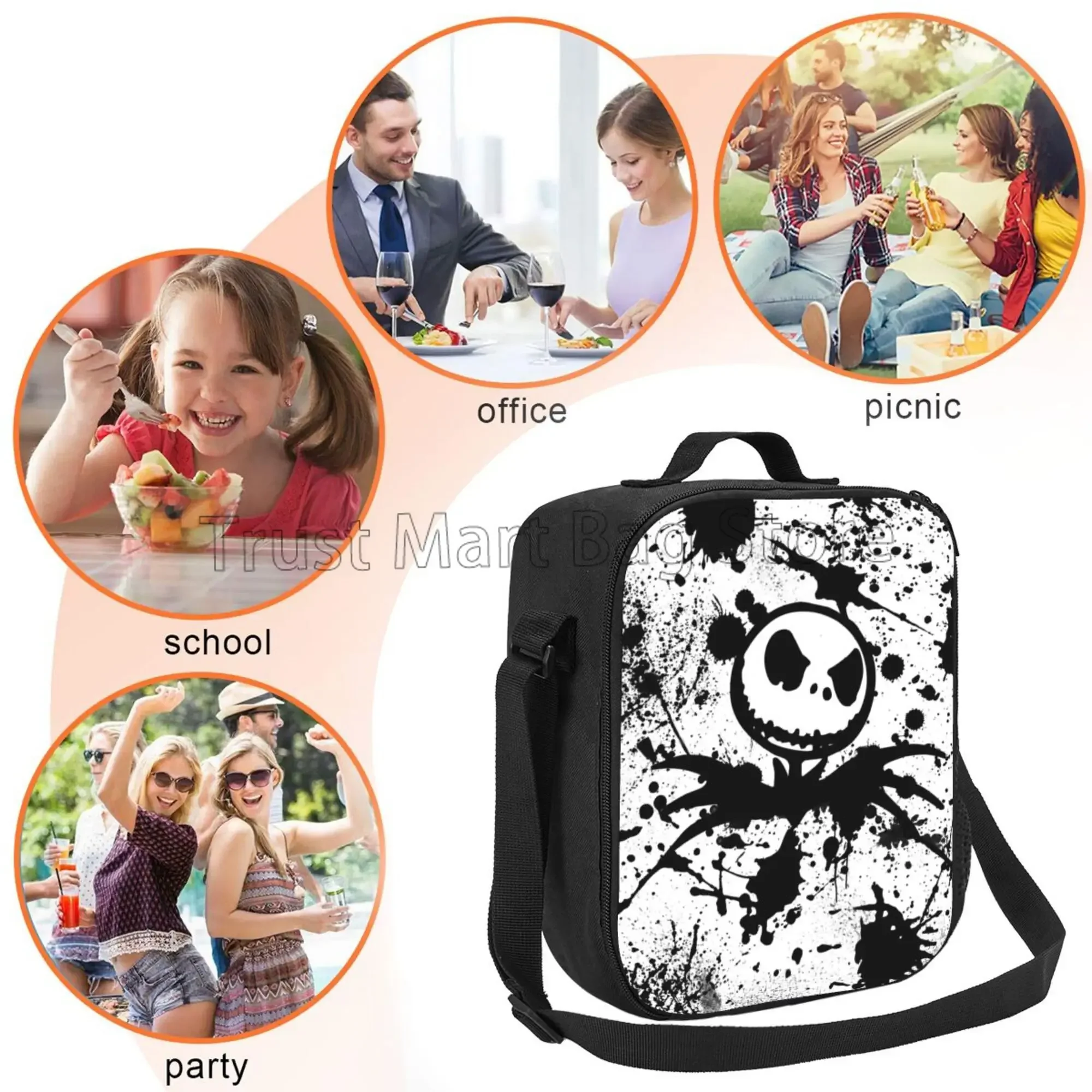 Horror Halloween Christmas Insulated Lunch Bag Portable Thermal Lunch Containers Reusable Cooler Tote Bag for Work Picnic Travel