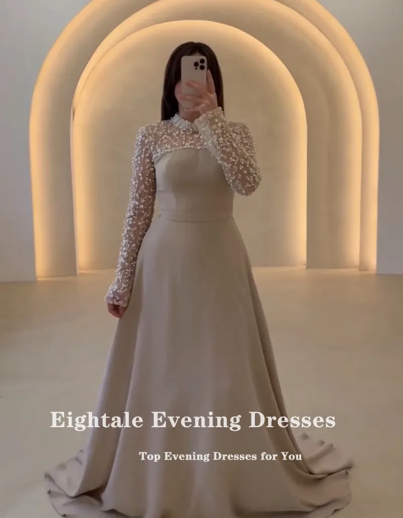 

Eightale Arabic Evening Dress High Neck Prom Gown Customized Satin Pearl Long Sleeves A-Line Wedding Party Dress Robes De Soirée