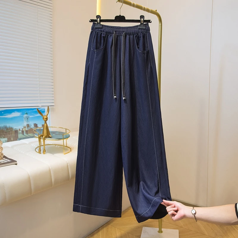 

Синие льняные джинсы с завязками на талии, женские свободные утягивающие повседневные широкие брюки, весна-лето, новые свободные брюки