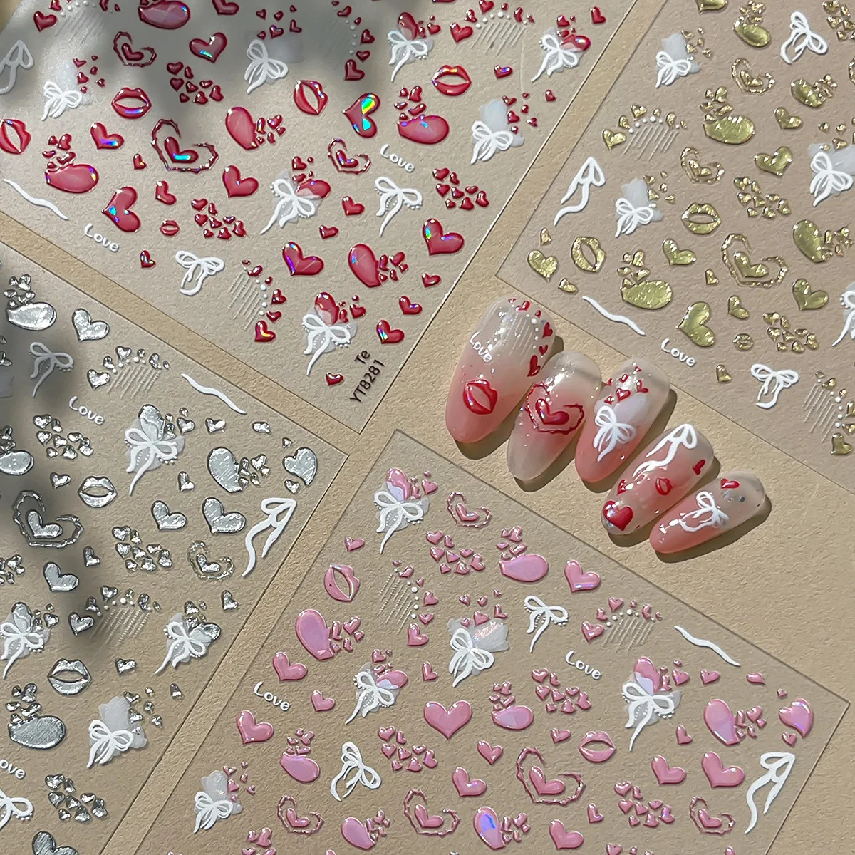 Sweet Love Nails Stickers Sparkling Multicolor Heart-shaped White Bow Lip Self-adhesive Nail Decorations DIY Nail Art Stickers