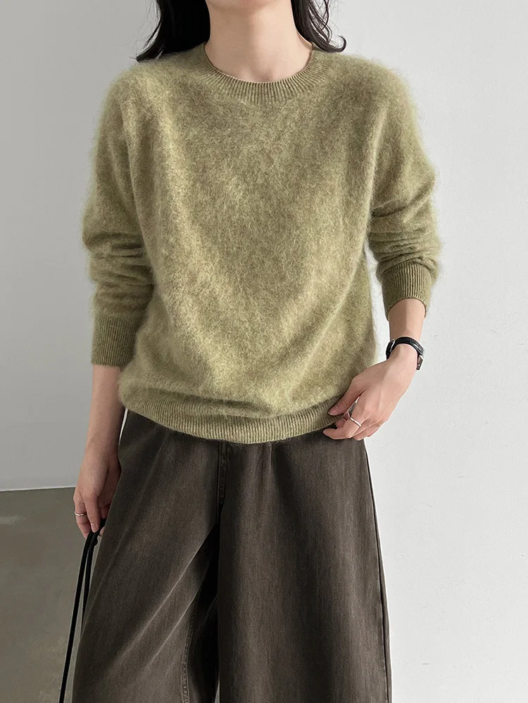 Women 91%Wool 4%Cashmere Blend Sweater Autumn Winter Seamless Round-neck Loose Long Sleeve Knit Pullovers