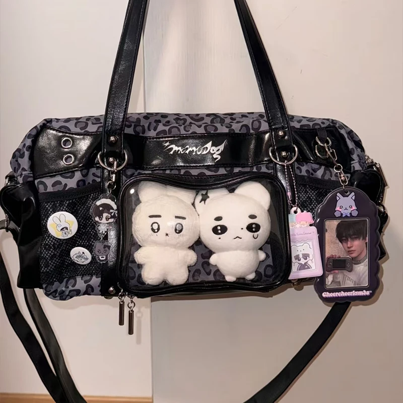 Cute Leopard Print Ita Bag Sweet Pink Y2k Shoulder Bag Lolita Girls Transparent Tote Bag Large Capacity DIY Display Handbag