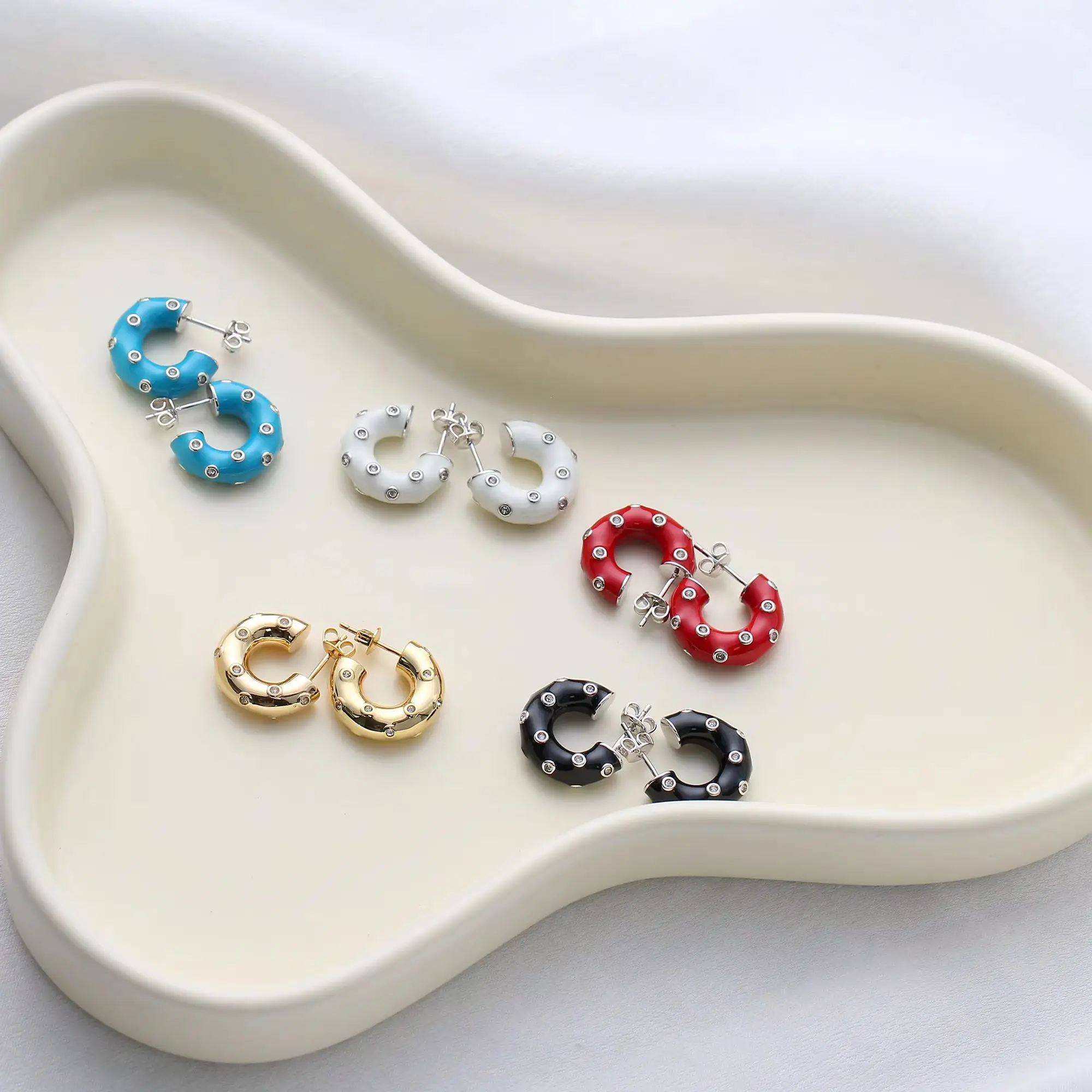 Chamica Lightweight Y2K Colorful Enamel C Hoop Earrings Rhinestone Studs Women 5 Colors Daily Party Gift Dropship