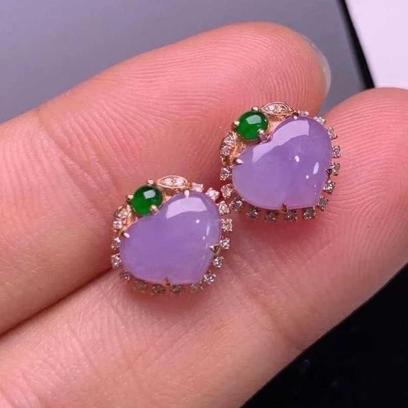 

Natural violet heart-shaped chalcedony earrings S925 tremella nail lovely girlfriend.