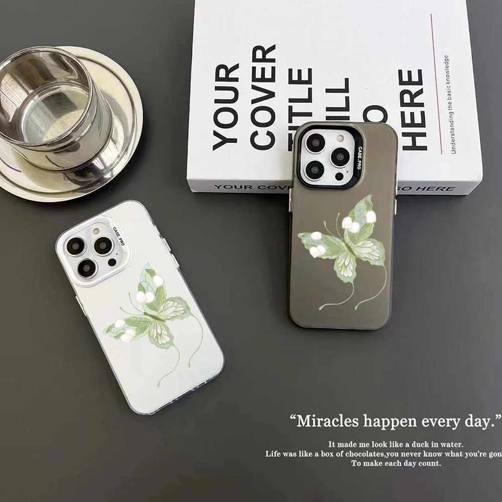 Butterfly Green Phone Case IMD Color Silver Shell For IPhone 16 15 14 13 12 Pro Max Plus