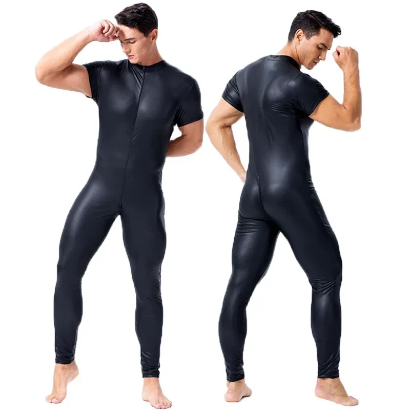 

PU Leather Men Sexy Bodysuit Faux Latex Male Erotic Jumpsuit Adult Products Wetlook Catsuit