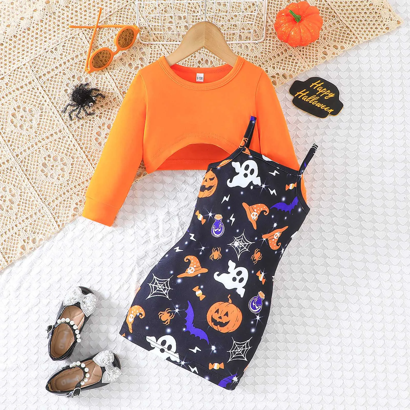 Halloween Outfits Sets Toddler Girls' Halloween Cartoon Prints Slim Fit Camis Dress+Long Sleeved Crop Top Girls Clothes 2Pieces