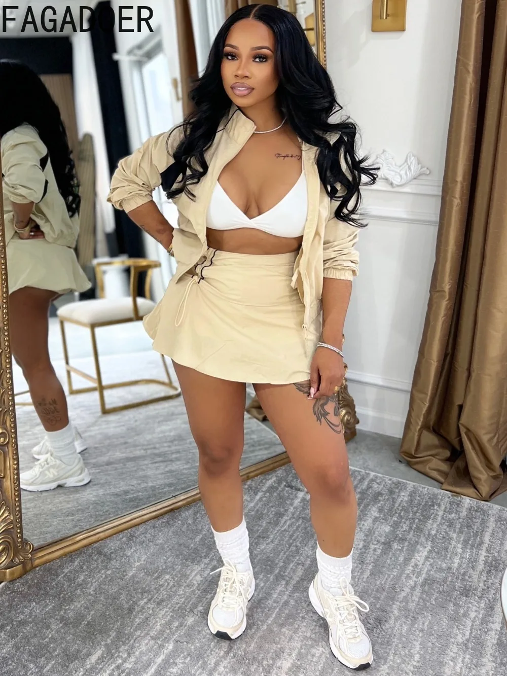 FAGADOER Casual Color Block 2 Piece Sets Woman Outfit Drawstring Ruched Patchwork Crop Top and Skirt Matching Female Streetwear image 4