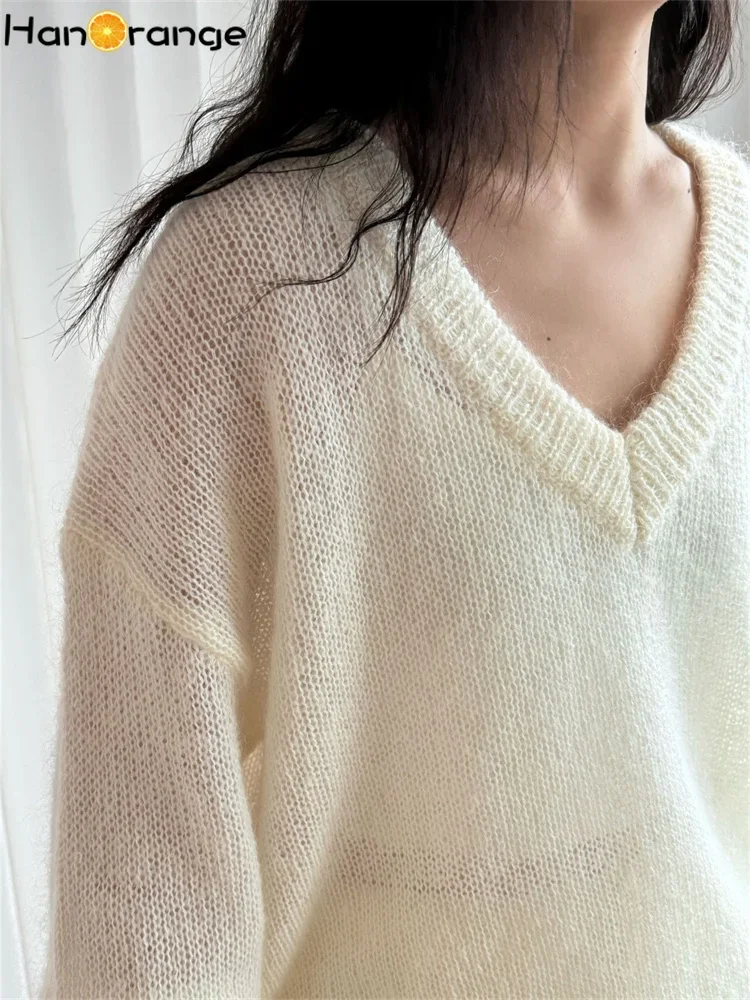 HanOrange 2024 Early Spring Lazy Holiday Feeling V-neck Mohair Knitted Sweater Women Soft Fluffy Top White/Red