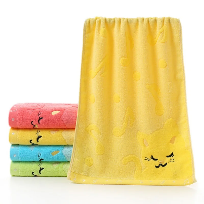 Kids Adult Bath Towel Cartoon Cat Embroidered 25*50cm Bamboo Fiber Towel Blanket Colorful Soft Small Children Bath Towels Yellow