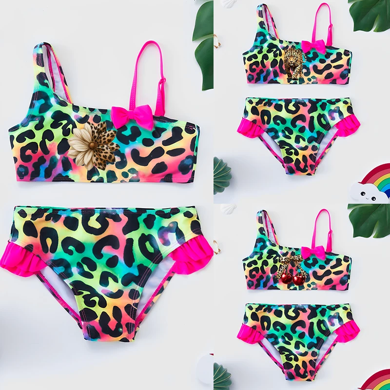 Cherry Leopard Flower Heart Girl Swimsuit Summer Beachwear Pool Swimwear Bathing Suit Bow Bikini Two-pieces Swim Wear Clothing