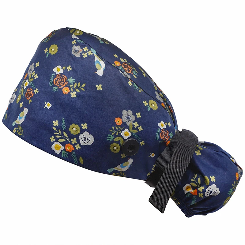 Cartoon Flower Printed Surgical Hat Scrub Cap Long Hair Medical Cap Cosmetic Dentistry Doctors Nurse Veterinary Scrub Hats