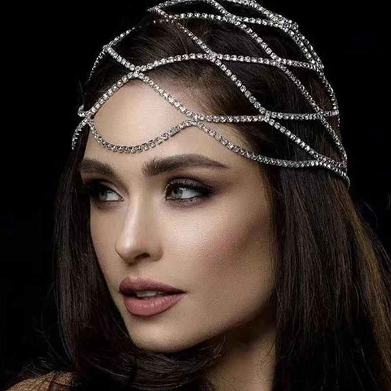 Hollow Out Rhinestone Mesh Headpiece Wedding Head Chain Jewelry for Women Luxury Crystal Headband Head Cap Hat Hair Accessories