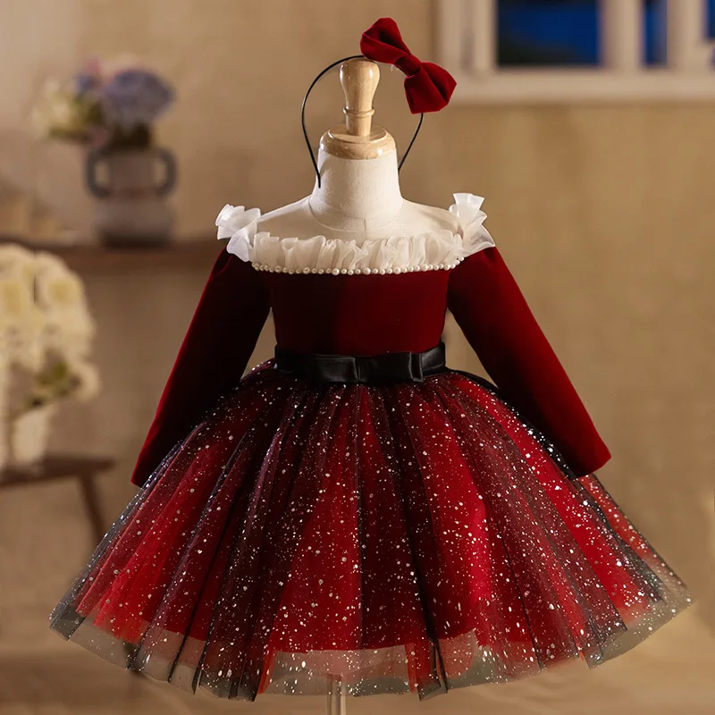 New Years Red Long Sleeve Girl Princess Party Dress Birthday Autumn Winter Recital Performance Pageant Formal Gown Evening Eid