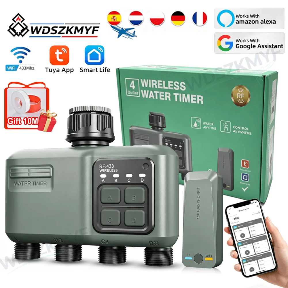 WDSZKMYF Nuovo timer intelligente per irrigazione con WiFi, 4 zone, timer per irrigazione da giardino, portata fino a 984 piedi, connessione wireless