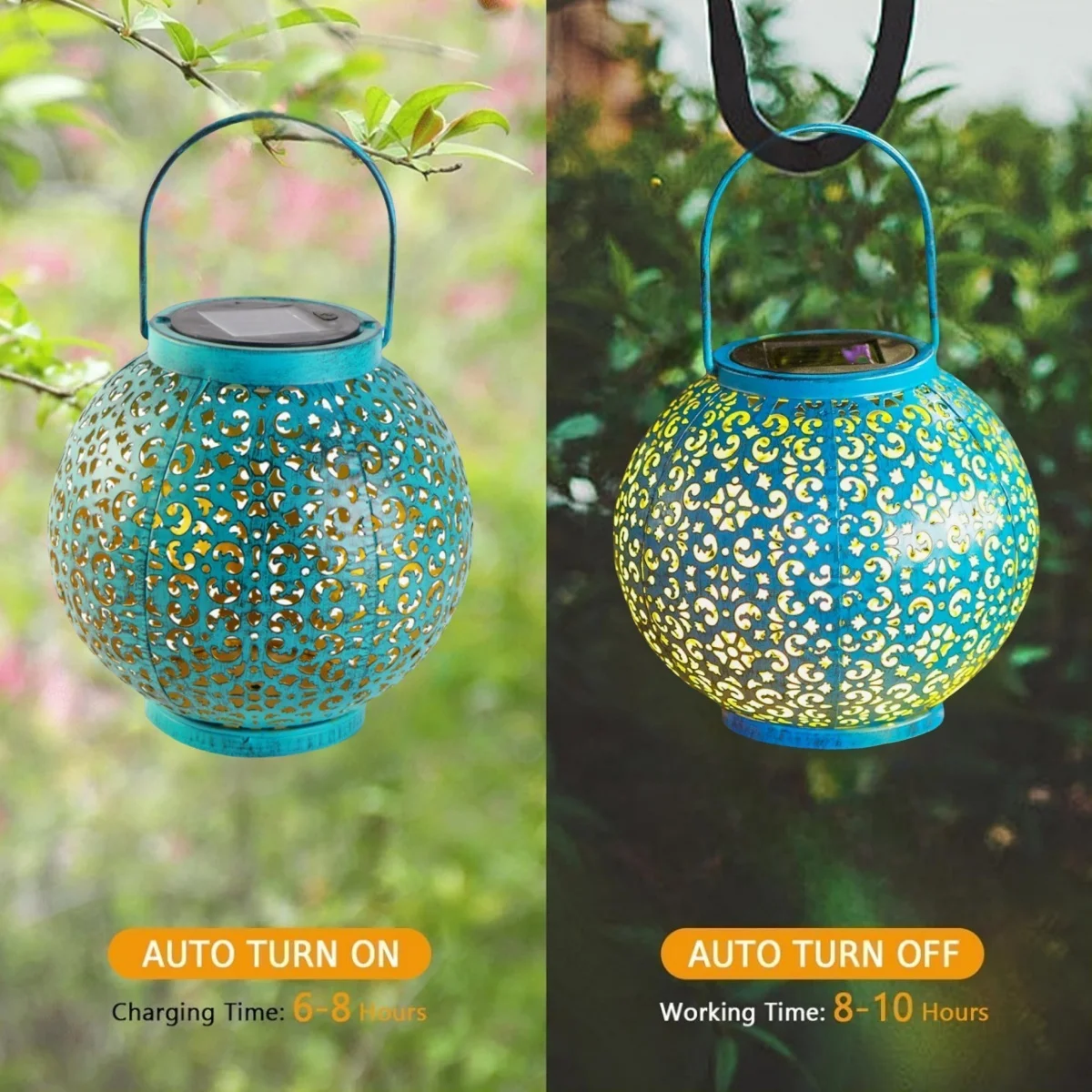 Solar Hanging Lantern Outdoor Lights, Solar Garden Lights Decorative Hanging Light, Outdoor Garden Solar Hanging Hollow Blue Lantern, for Patio Porch Garden Pathway Table Home Decor view 5