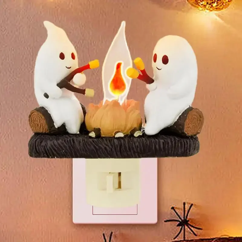 Ghost Campfire Flickering Night Light,Halloween Night Lights Plug into Wall,Ghost Pumpkin Night Light Dusk to Dawn  Lamp