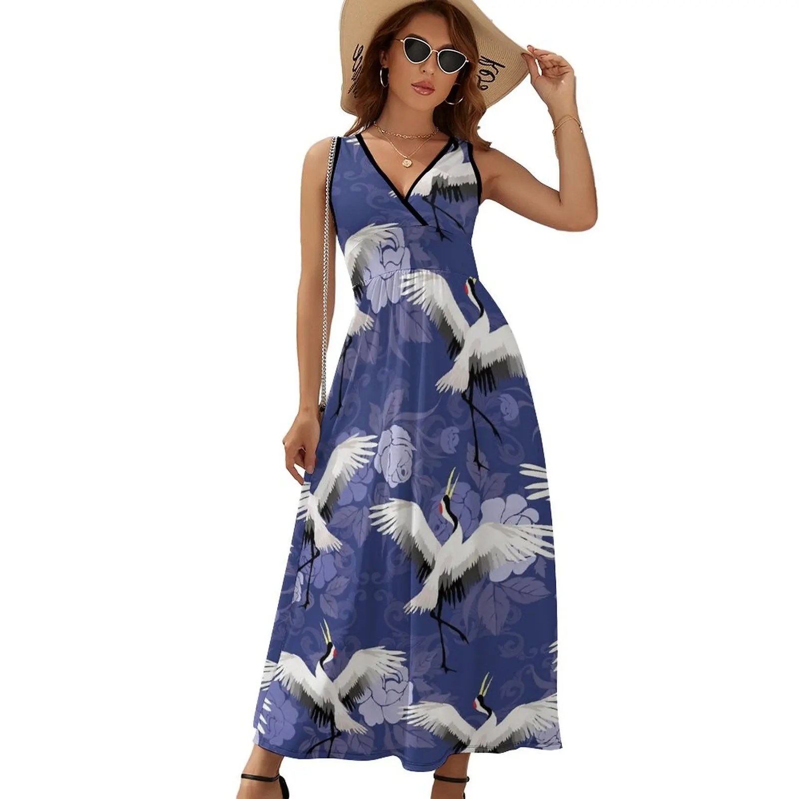 

Crane Birds Flower Dress Blue Floral Print Street Wear Bohemia Long Dresses Women Night Club Custom Maxi Dress Birthday Gift