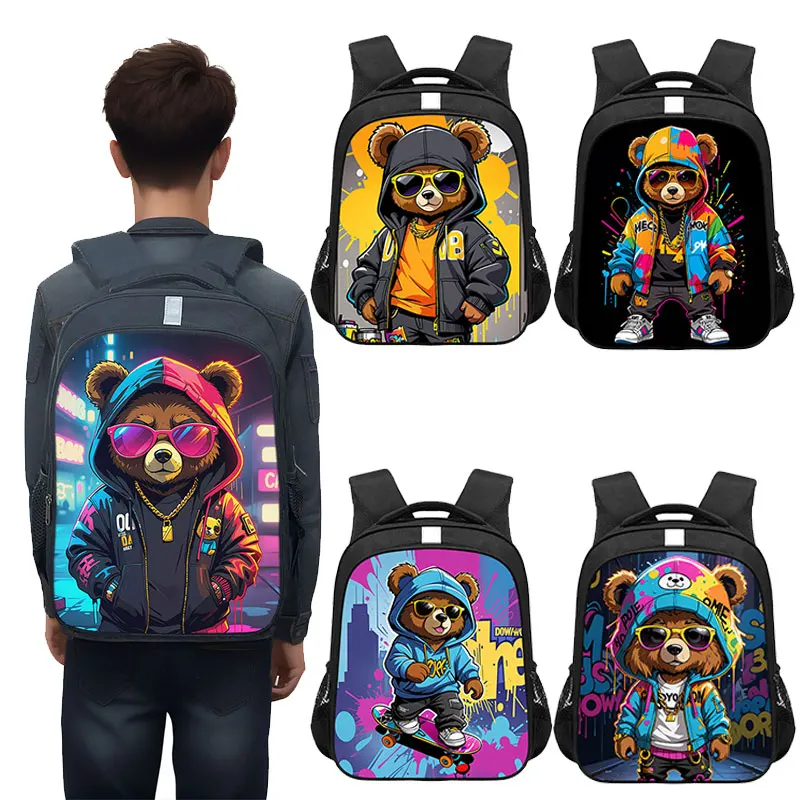 14/16inch Kawaii Graffiti Bear Print Backpack for 3-18 Years Old Hip Hop Children Kids School Bags Teenager Travel Daypack Gift