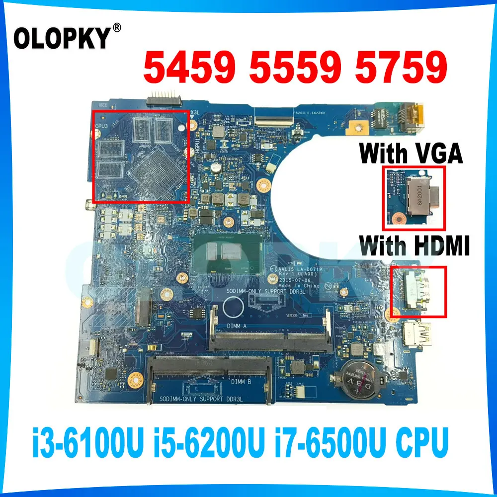 AAL15 LA-D071P for Dell Inspiron 5459 5559 5759 Laptop Motherboard with i3-6100U i5-6200U i7-6500U CPU