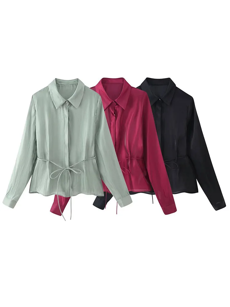 

HH Women New Fashion Versatile Bow Decorated Glossy Effect Casual Tops Female Lapel Single Breasted Tie-Waist Long Sleeve Shirt