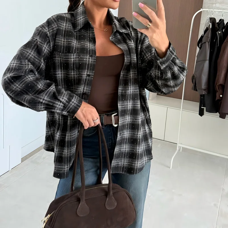 

Повседневное свободное пальто с длинным рукавом, элегантная однобортная блузка с клетчатым принтом, женская модная свободная рубашка с лацканами, куртки